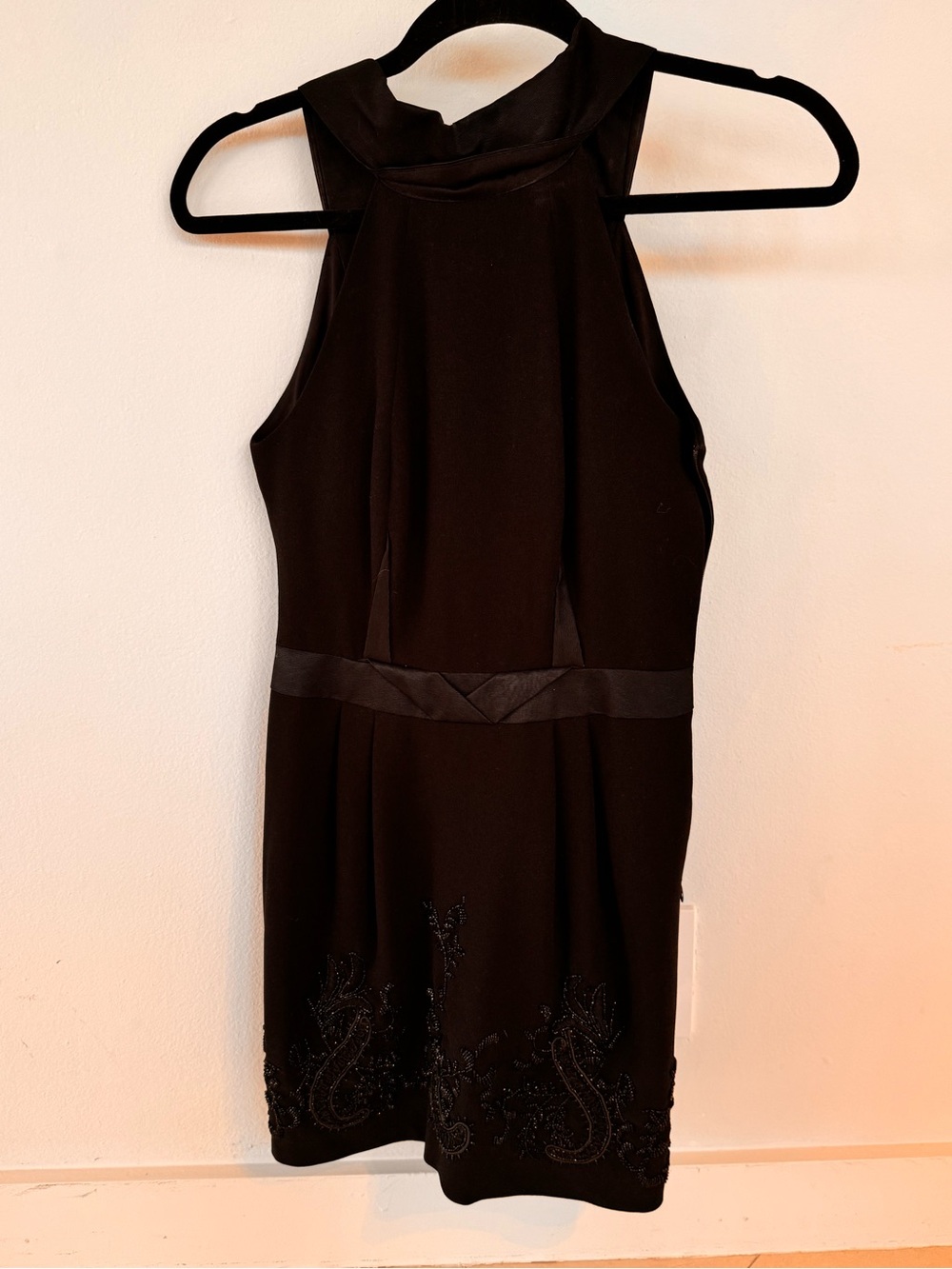Halston Heritage Black Beaded Hem Halter Dress